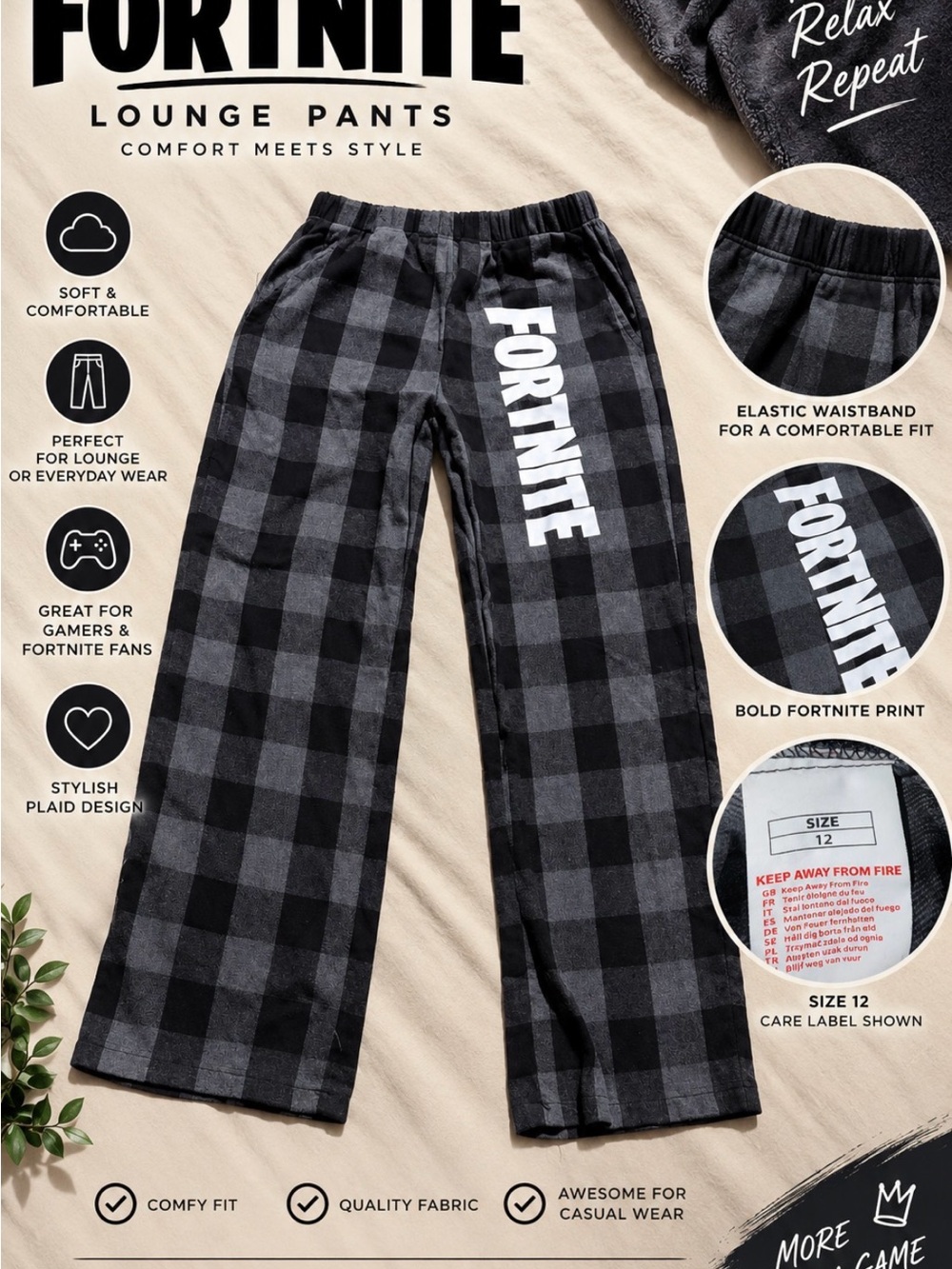Fortnite Kids Plaid Lounge Pants - Black & Gray